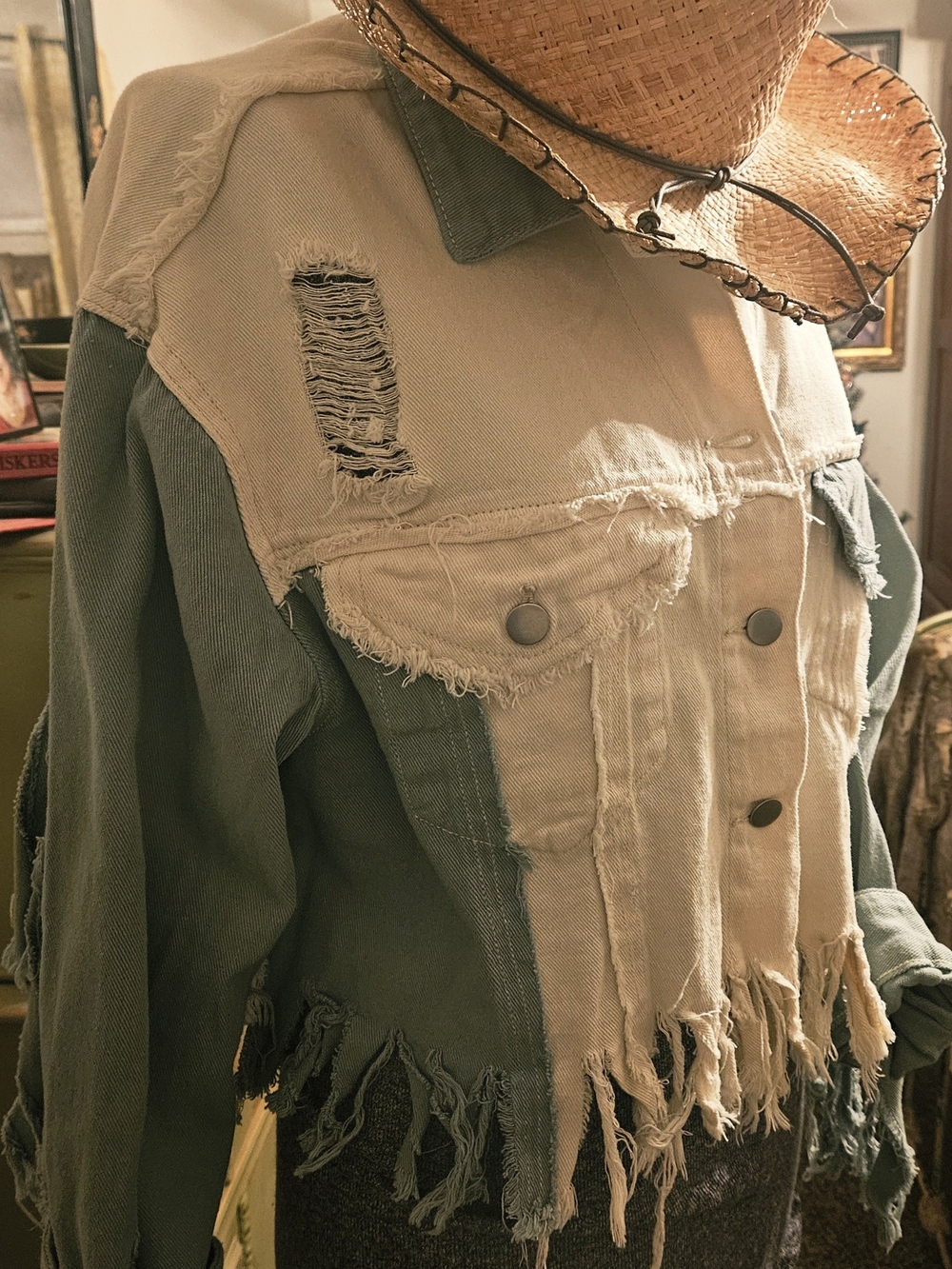 POL Two-Tone Distressed Jean Jacket in Beige and Sage